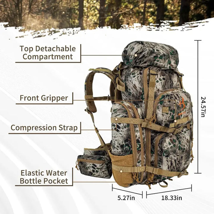 Close-up of rugged zippers on a tactical camo hunting backpack, built for outdoor use