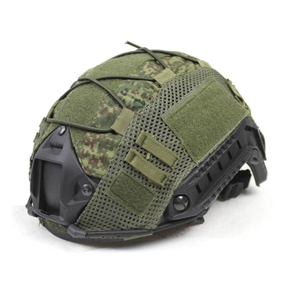 Side view of tactical helmet cover on a FAST helmet, enhancing camouflage for airsoft and paintball