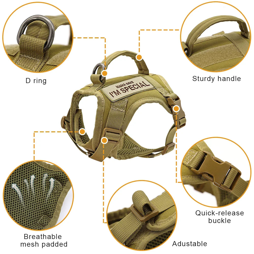 Padded tactical cat harness vest, black, with metal leash ring for secure pet walks.