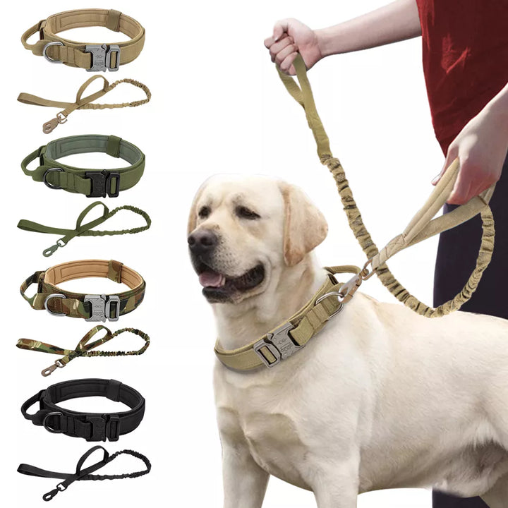 Tactical dog collar and bungee leash set with control handle for large service dogs, khaki color