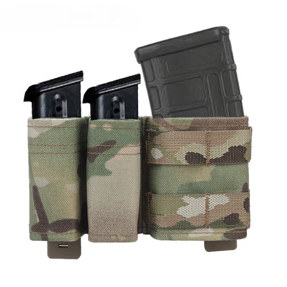 Tactical double magazine pouch for 9mm & 5.56mm mags with MOLLE, durable nylon, black finish.