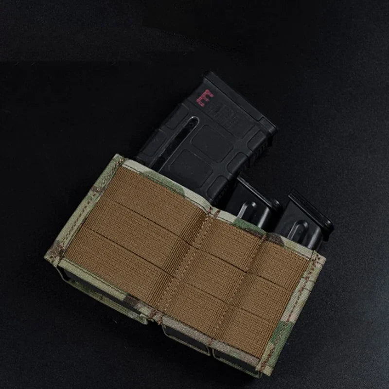 Tactical pouch with secure retention for two 9mm or 5.56mm rifle magazines, MOLLE compatible.
