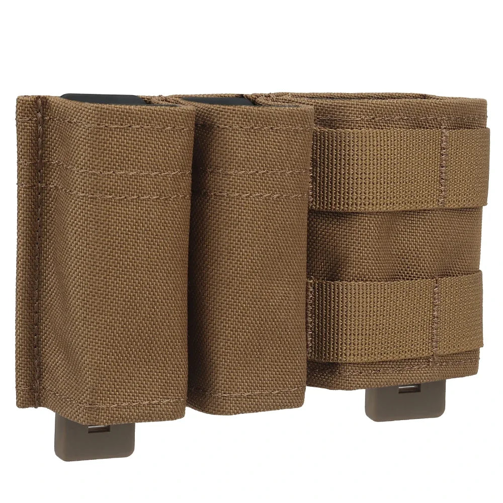 Detail of MOLLE webbing on a black nylon tactical double magazine pouch for 9mm/5.56mm mags.