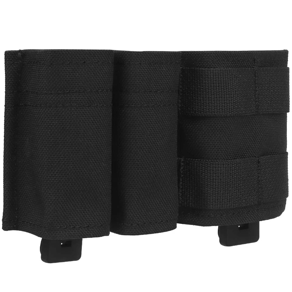 Tactical double mag holder with MOLLE straps, secures 9mm and 5.56 rounds, essential military gear