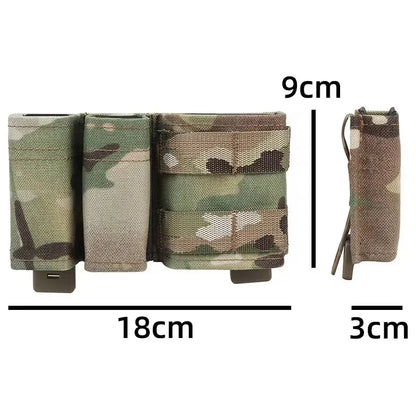 Close-up of tactical double mag pouch, showing elastic retention for 9mm and 5.56 rounds, military gear