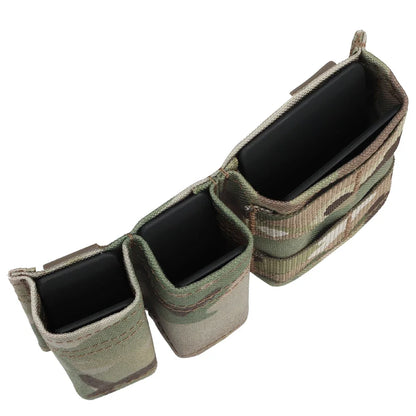 Side view of black nylon tactical double magazine pouch, fits 9mm and 5.56, MOLLE attachment