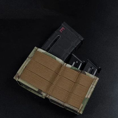 Front view of a tactical double magazine pouch, ideal for airsoft, holding 9mm and 5.56 magazines