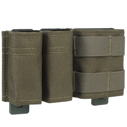Green tactical double magazine pouch, open top design, ideal for carrying 9mm and 5.56 rounds