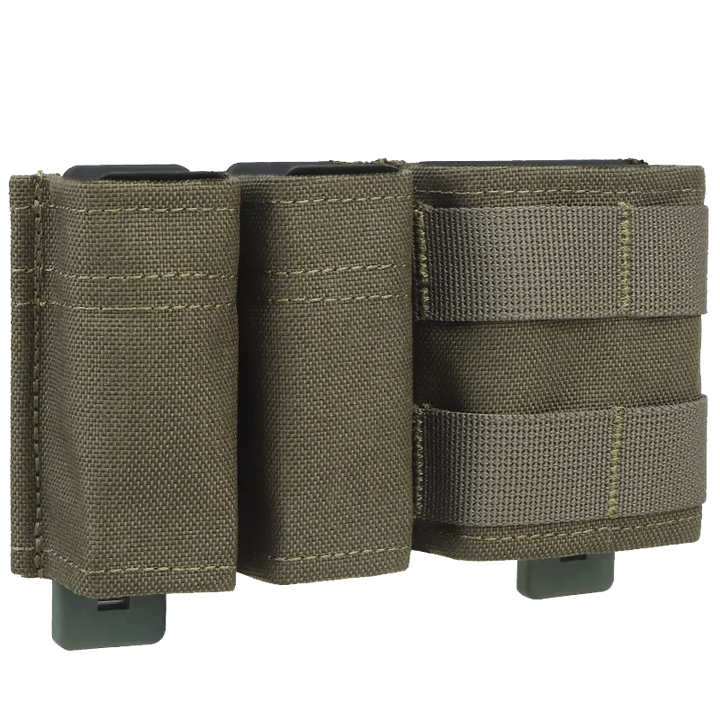 Green tactical double magazine pouch, open top design, ideal for carrying 9mm and 5.56 rounds