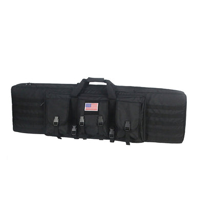 Black tactical backpack with two rifle sleeves, durable for demanding use