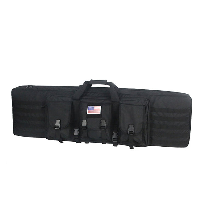 Black tactical backpack with two rifle sleeves, durable for demanding use