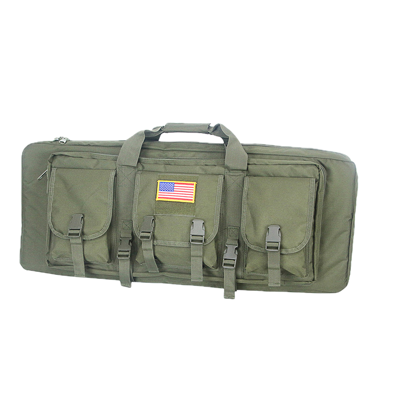 Airsoft tactical backpack, main compartment for two rifles, accessory pockets, black