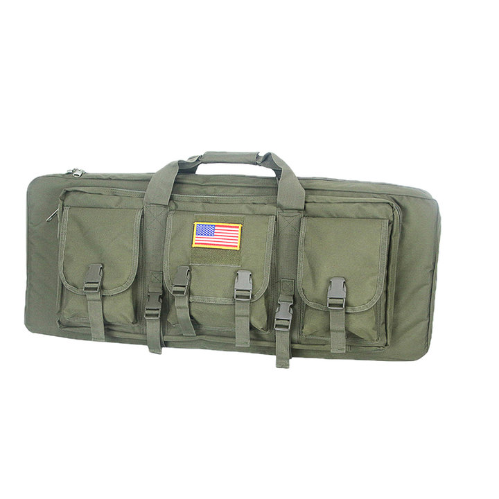 Airsoft tactical backpack, main compartment for two rifles, accessory pockets, black
