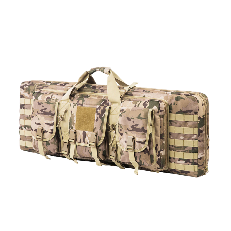 Outdoor shooting rifle backpack, weather-resistant fabric, carries two firearms
