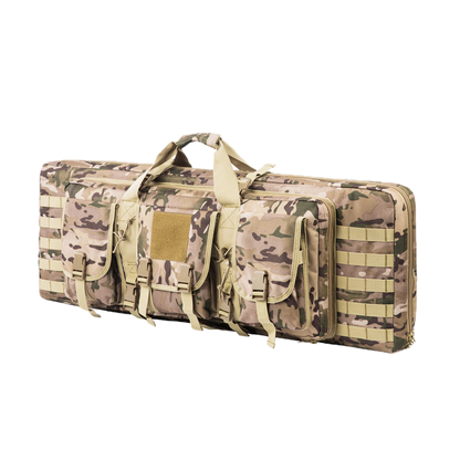 Outdoor shooting rifle backpack, weather-resistant fabric, carries two firearms