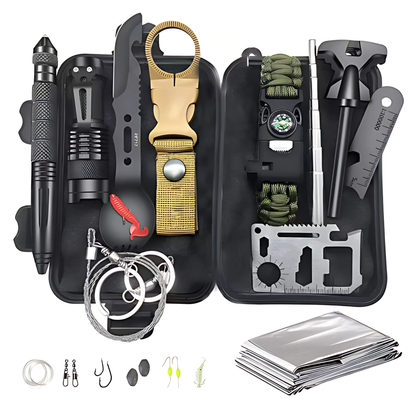 Tactical emergency survival kit with various tools, ideal for outdoor adventures and disaster preparedness.