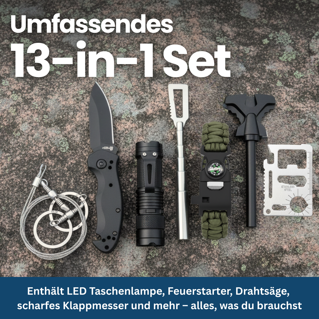 Comprehensive emergency survival kit in a durable pouch, perfect for camping, hiking, and preppers.