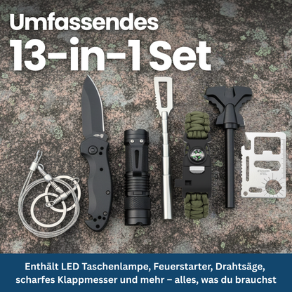 Comprehensive emergency survival kit in a durable pouch, perfect for camping, hiking, and preppers.