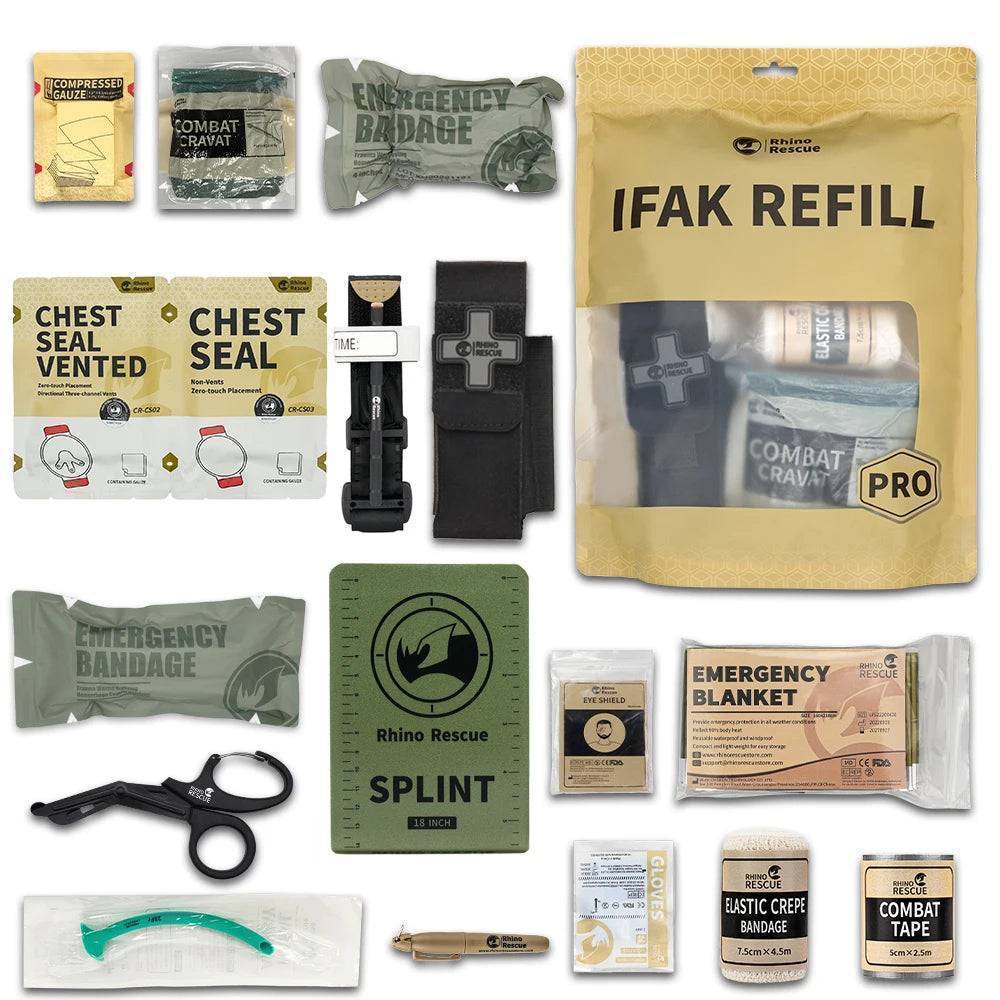 Essential outdoor first aid kit contents: bandages, gauze, and tourniquet for wound care