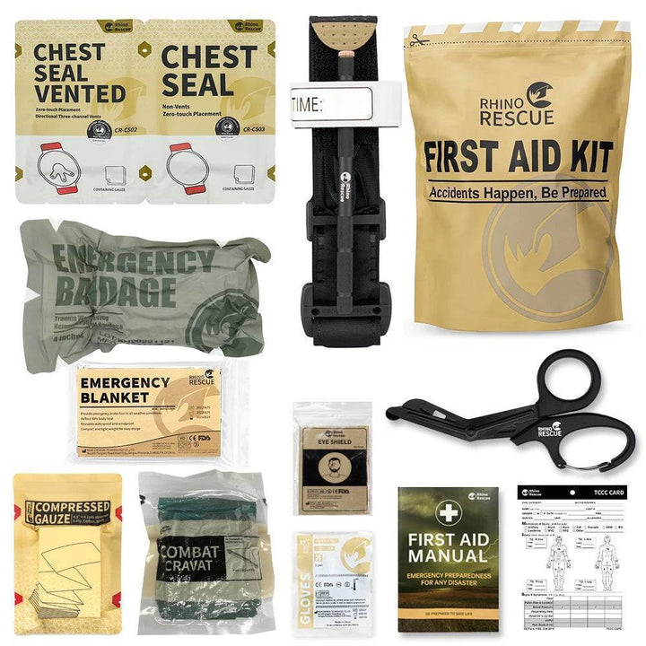 Hand holding a tactical emergency IFAK kit, emphasizing its readiness for survival situations
