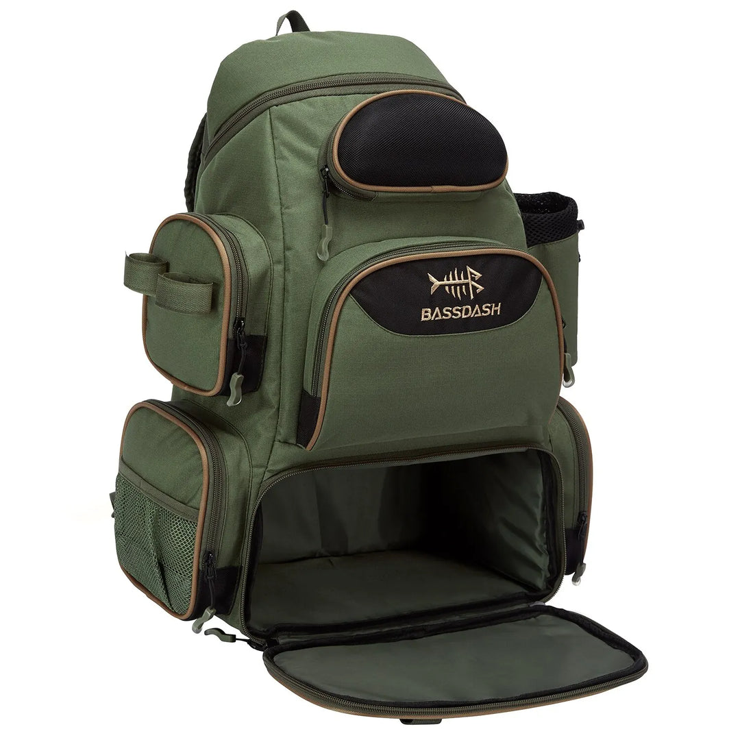 Tactical fishing backpack, waterproof, black, molle system, for angler tackle storage & outdoor gear