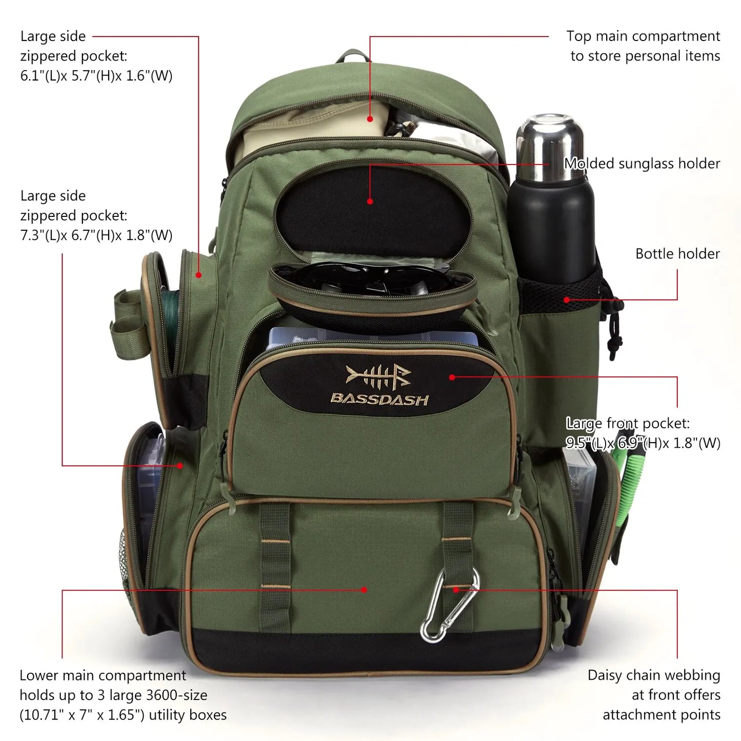 Fishing tackle bag: durable, black tactical backpack with ample storage for fishing gear & tools