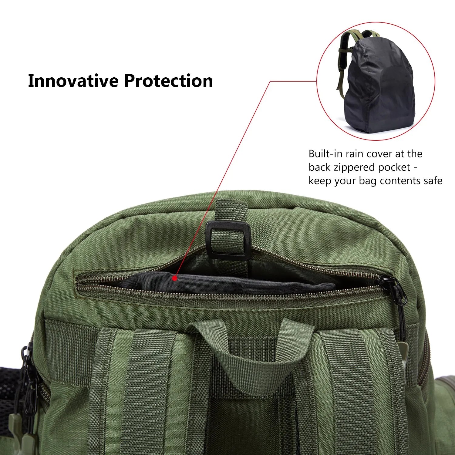 Side view of tactical fishing backpack, waterproof, showing rod holder & zippered pockets, angler ready