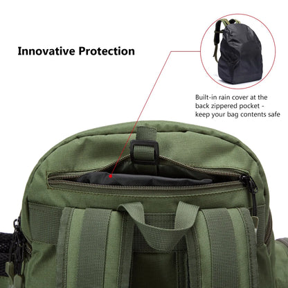 Side view of tactical fishing backpack, waterproof, showing rod holder & zippered pockets, angler ready
