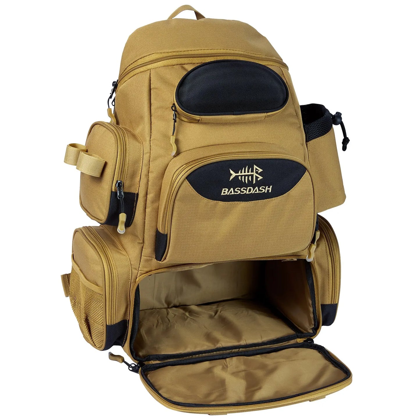 Close-up of tactical fishing backpack's durable zippers and molle system, waterproof design