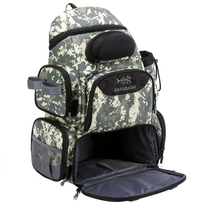 Angler wearing a tactical fishing backpack, waterproof, hiking by a lake, perfect for fishing & camping