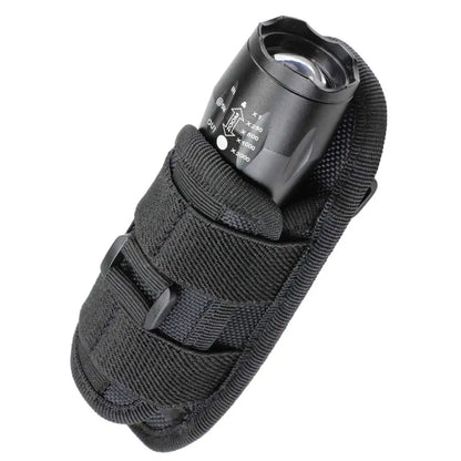 Tactical flashlight pouch with 360° rotatable belt clip, durable nylon EDC gear.