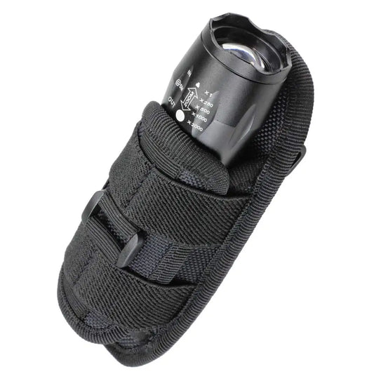 Tactical flashlight pouch with 360° rotatable belt clip, durable nylon EDC gear.