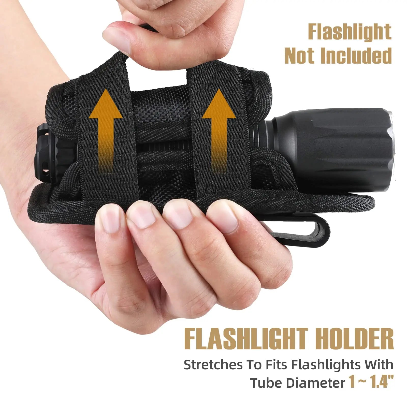 MOLLE compatible flashlight holster, black nylon material, ideal for tactical use.