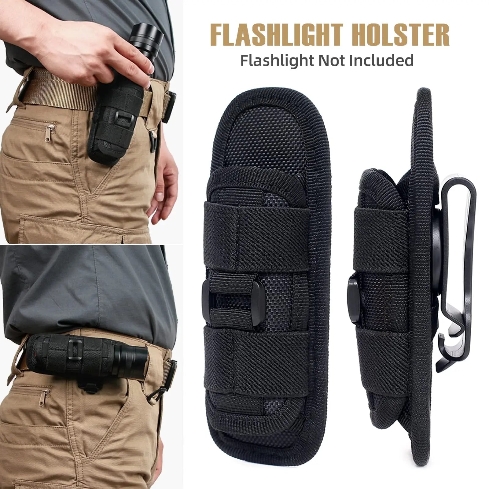 EDC tactical flashlight pouch featuring a secure, rotatable belt clip holster.