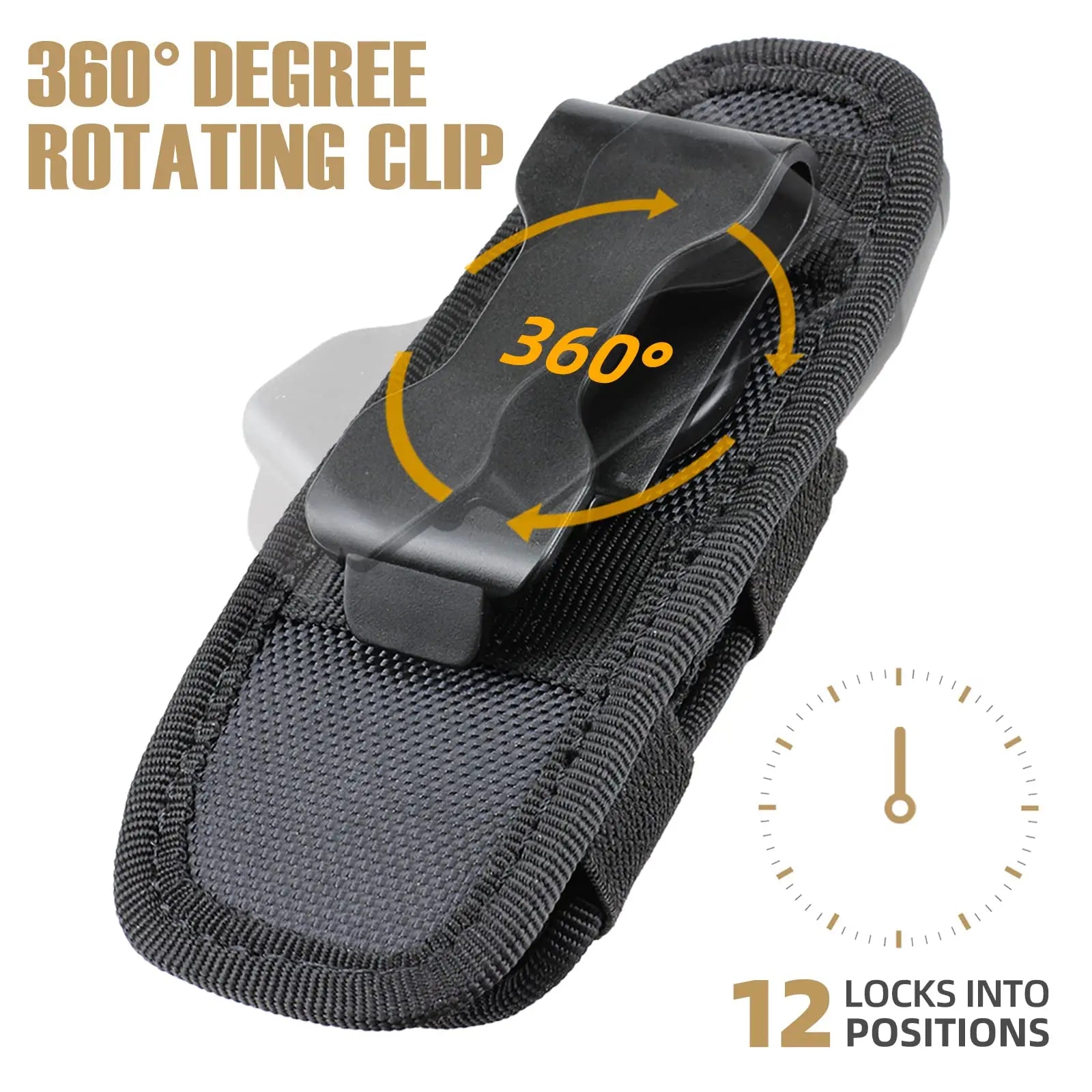 Durable nylon tactical gear: flashlight pouch with 360-degree rotating belt attachment.