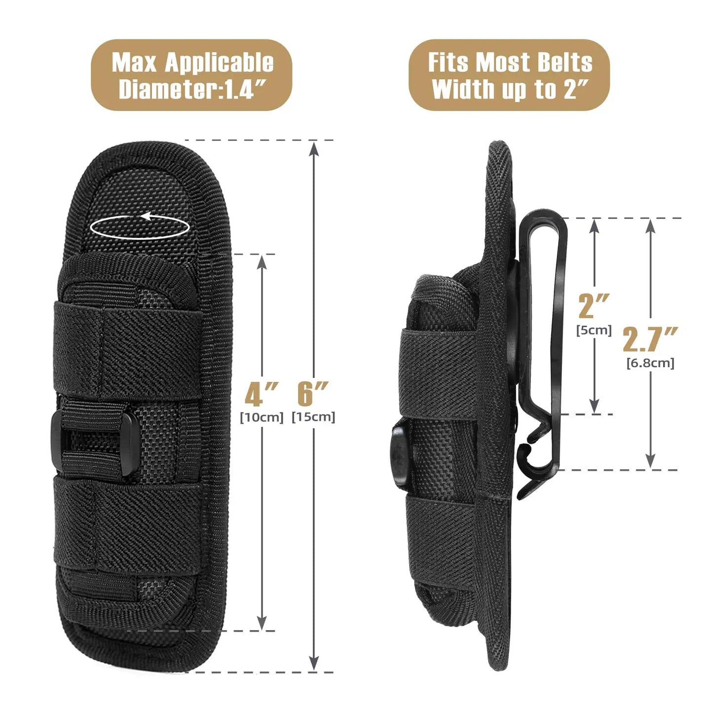 Black MOLLE flashlight holder, perfect for outdoor activities & everyday carry gear.