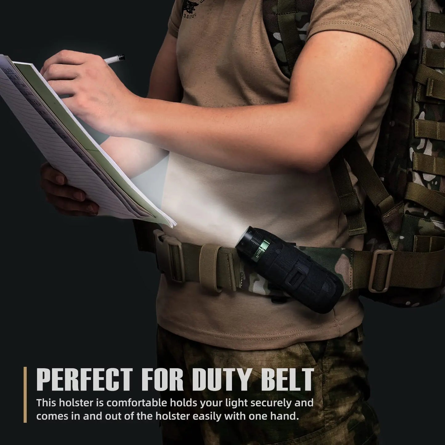 Tactical beltclip flashlight pouch, heavy-duty nylon for secure torch carrying.