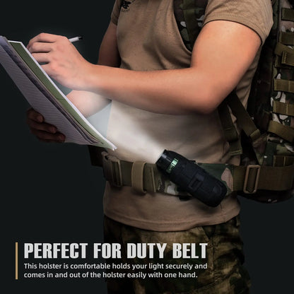 Tactical beltclip flashlight pouch, heavy-duty nylon for secure torch carrying.