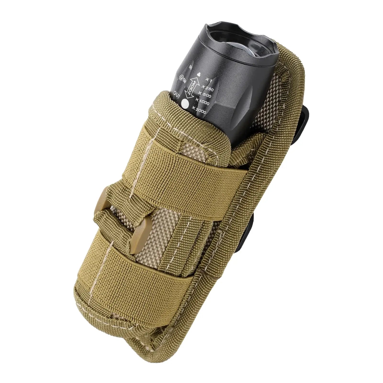 Rugged tactical flashlight pouch, designed for belt or MOLLE systems, black nylon.