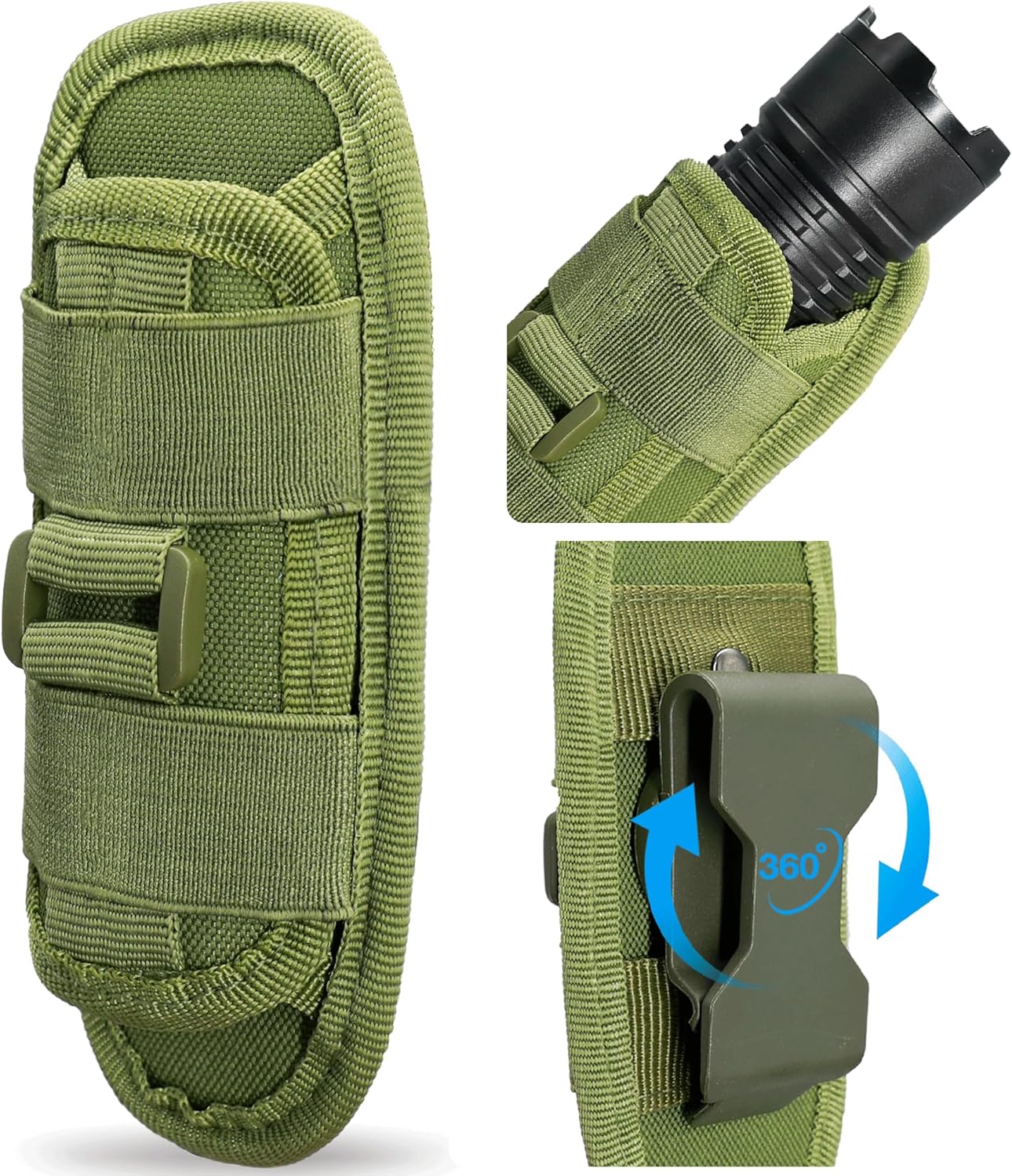 Outdoor gear flashlight holder with secure 360° rotating belt clip for tactical use.