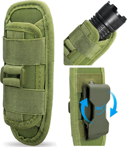 Outdoor gear flashlight holder with secure 360° rotating belt clip for tactical use.