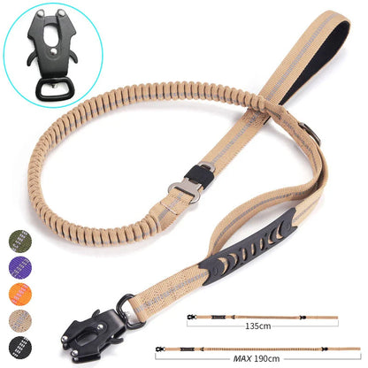 Tactical heavy-duty K9 bungee dog leash with dual handles for large dogs