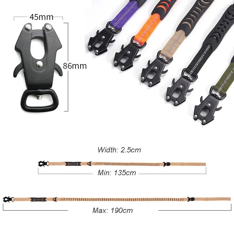 Tactical dog leash with elastic bungee section to absorb pulling force
