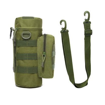 Tactical water bottle pouch made from water-resistant nylon, suitable for all weather conditions.