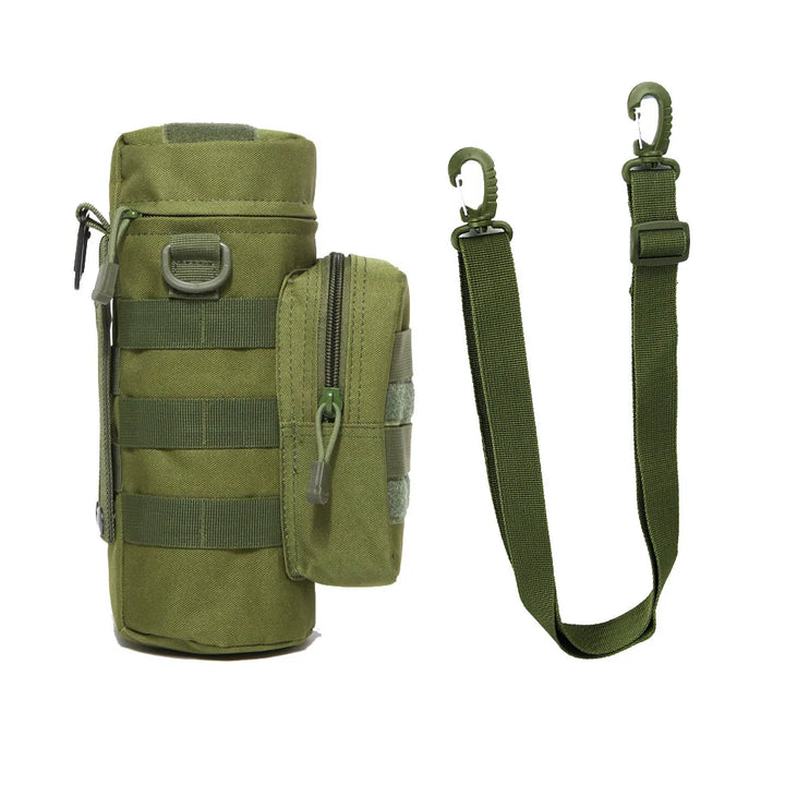 Tactical water bottle pouch made from water-resistant nylon, suitable for all weather conditions.