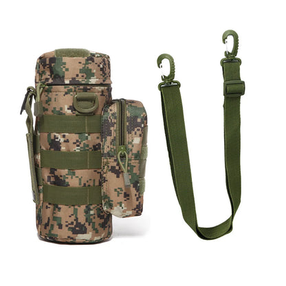 Person demonstrating how to attach a tactical insulated MOLLE pouch to a vest system.
