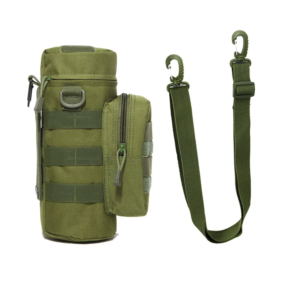 Tactical insulated MOLLE water bottle pouch with adjustable drawstring closure for secure bottle fit.