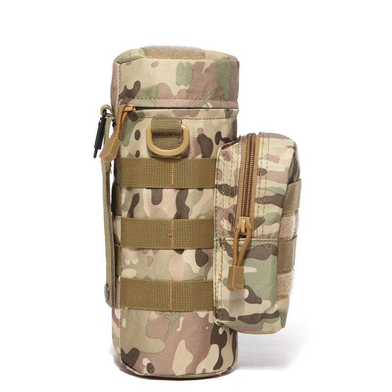 Tactical insulated water bottle pouch in camouflage pattern, blending seamlessly into outdoor settings.