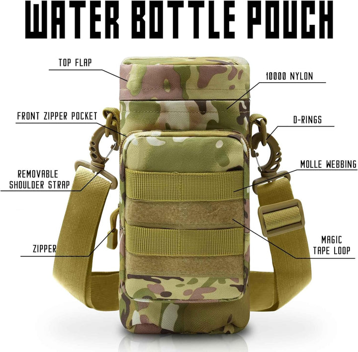 Black tactical insulated MOLLE water bottle pouch, ideal for camping, hiking, and military use.