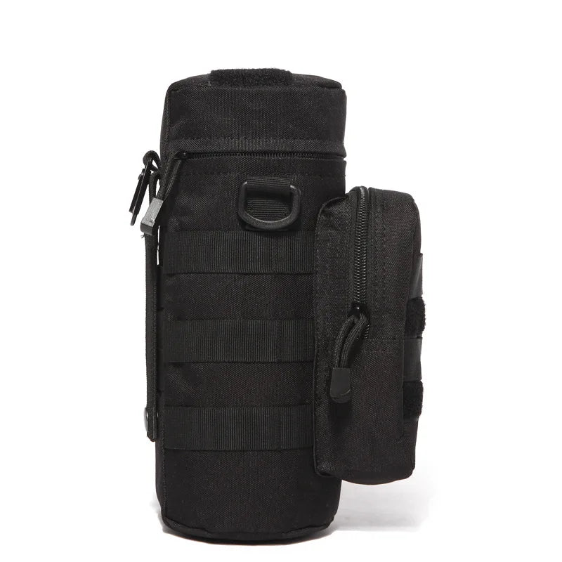 Tactical insulated water bottle pouch with quick-release buckles for easy detachment and reattachment.
